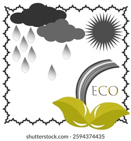 Vector graphics. On a white background, the sun, cloud, rain, rainbow and leaves.