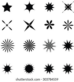Vector graphics on white background. Vector stars flowers and suns silhouettes and patterns. 16 Design elements.