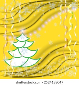 Vector graphics. On a yellow background there is a Christmas tree, a garland of lights, serpentine and stars.