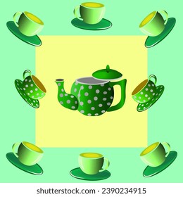 Vector graphics. On a yellow-green background there are green cups and saucers and a teapot.