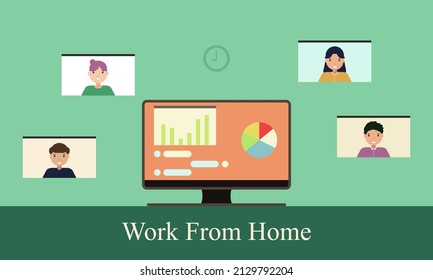 Vector graphics of online meetings to prevent the spread of the covid-19 virus which consists of people attending meetings, meeting materials, computers, wall clocks, and the phrase 'Work From Home'.