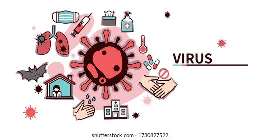 Gráficos vectoriales para la impresión en línea y relacionados con virus. Incluye imágenes como máscara, jeringa, desinfectante, murciélago, hogar, lavado de manos, hospital, apretón de manos, pulmones, termómetro, comprimidos.