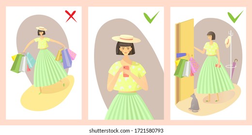 Vector graphics. Online store. Three images: a girl went shopping, a girl with a smartphone, a girl receives an order.