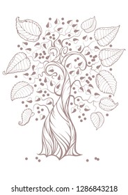 Vector graphics. Ornamental, monochrome image of a cherry tree