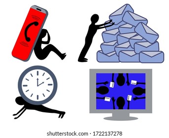 Vector graphics overwork. Overwork from technology, mobile, message, computer. Vector Illustration Time pressure and pile of work. Stress from overwork. Exhausted manager under pressure. Busy time.