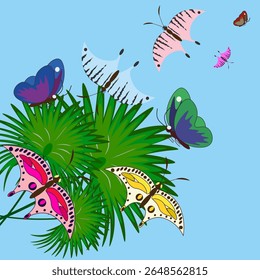 Vector graphics. Palm leaves and many exotic butterflies on a blue background.