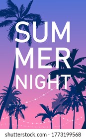 Vector graphics, palm trees at sunset with street lamps.
