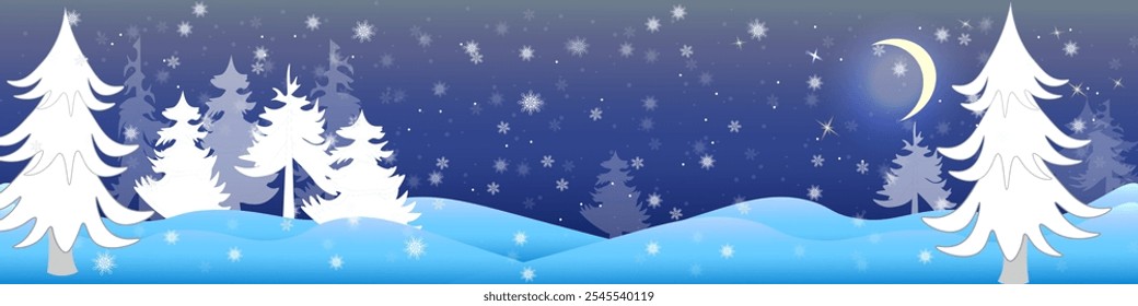 Vektorgrafiken. Panorama. Winterlandschaft. Der Mond scheint, der Schnee fällt. Silhouetten von schneebedeckten Bäumen sind sichtbar.