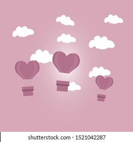 Vector graphics. Pastel color illustration of a heart shaped of hot air balloon in the sky.