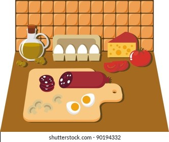Vector graphics. Picture of food. Egg, cheese, sausage, champignon, tomato