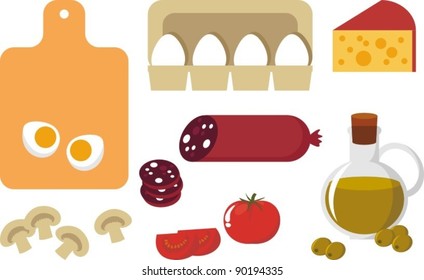 Vector graphics. Picture of food. Egg, cheese, sausage, champignon, tomato