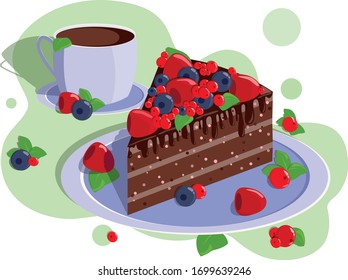 gráficos vectoriales. un trozo de pastel con chocolate y fruta y una taza de té en un platillo azul