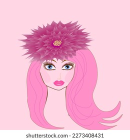 Vector graphics. Pink aster girl. On a pink background, a girl with blue eyes and pink hair.
