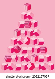 Gráficos vectoriales - Árbol de Navidad rosa hecho y levitando filas de cajas de regalo cúbicas. Tarjeta de vacaciones de concepto