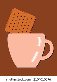 Vector graphics - pink porcelain cup with hot cocoa and a square cracker with holes close-up of brown trendy colors. Concept coffee break