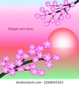Vector graphics. Pink sunrise and two flowering sakura branches.