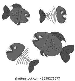 Vector graphics. Piranha fish and fish skeleton on a white background.