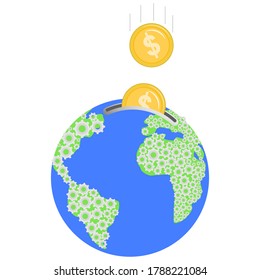 Vector graphics, planet Earth, in the form of a mechanism into which coins fall. Flat design. EPS 10.