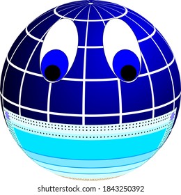 Vector graphics of the planet Earth in the form of a globe on a blue background. A medical mask protects people from COVID. The eyes shown in the drawing Express surprise and incomprehension.