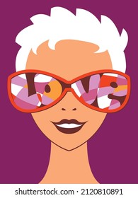 Gráficos vectoriales - un portero de una joven y hermosa mujer sonriente con el pelo blanco con gafas de sol y un reflejo - la palabra amor. El romance conceptual y el día de San Valentín