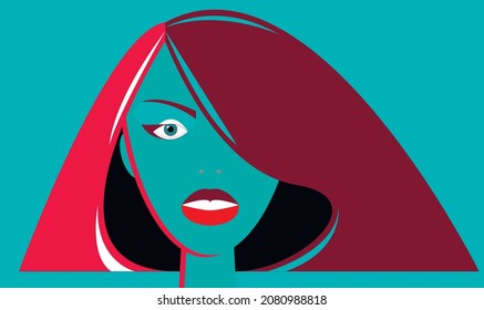 Gráficos vectoriales - retrato de una hermosa joven con piel verde y cabello rojo, con un peinado de moda y espacio para copiar. Salón de belleza conceptual