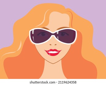 Vector graphics - portrait of a beautiful young woman in sunglasses and with flowing red wavy hair close-up. Concept avatar