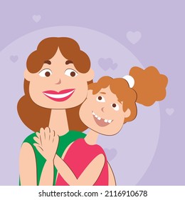 Vector graphics - portrait of a happy mom and daughter smiling and hugging close-up. Mother's Day Concept