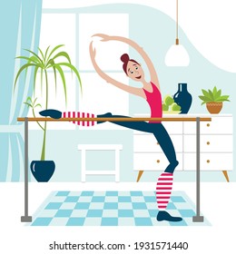 Vector graphics - a pretty girl performing a sports exercise on a ballet machine in her home against the background of a window and a chest of drawers. Concept-training and a healthy lifestyle.