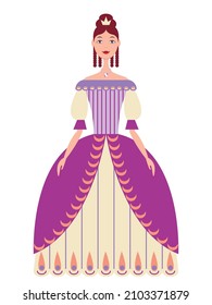 Vector graphics - Pretty smiling fairy princess in a lush ball gown and with a crown on her head isolated