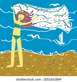 Vector graphics - a pretty smiling young woman stands on the beach against the background of the sea with a pareo fluttering in her hands. Concept - summer vacation and freedom