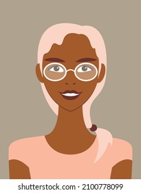 Vector graphics - a pretty smiling young woman with dark skin and blonde hair gathered in a ponytail in fashionable glasses with white frames. Concept avatar