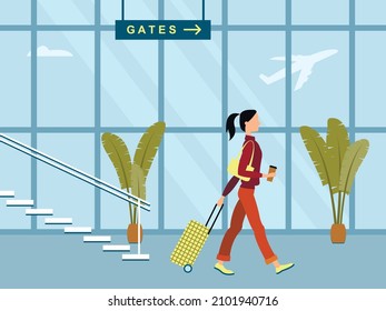 Vector graphics - a pretty young woman walks through the airport lounge to board a plane with coffee and a suitcase in her hands. Concept solo travel or business trip