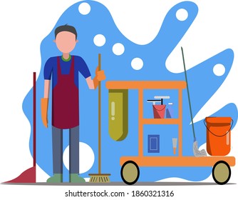 Gráficos vectoriales de la ilustración de servicio de limpieza profesional. Un conserje con equipo de limpieza completo.
