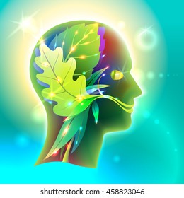 Vector Graphics Profile of the human head in the form of leaves of various trees/ Creative symbol of the connection of man & nature its organic interactions and interdependencies in ecology & medicine
