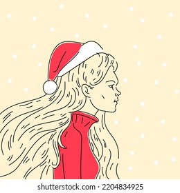 Vektorgrafiken. Profil eines jungen Mädchens mit langschwerem Haar. Das Mädchen hat einen Weihnachtsmütze auf dem Kopf.