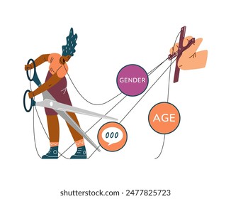 Vector grafica títere cortando las cuerdas del titiritero. Una Imagen del anhelo de libertad, un audaz escape de la manipulación en un contexto aislado.