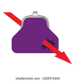 Vector graphics - purple wallet with a hole and a red arrow pointing down isolated close-up. Concept - bankruptcy and economic crisis