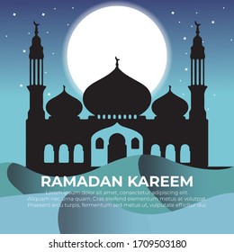 Vector graphics of Ramadhan Kareem greeting with the Beauty of the Full Moon and the Silhouette of the Mosque in the desert with copy space / blank space for text.