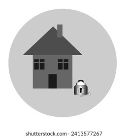 Vector graphics. Real estate security icon in gray tones. There is a padlock and key next to the house.