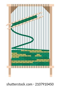 Vector graphics - rectangular wooden loom with stretched threads and rows of green yarn for hand carpet weaving isolated on a white background. Concept - home hobby and needlework