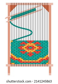 Vector graphics - rectangular wooden loom with stretched threads and rows of multicolored yarn for hand carpet weaving isolated on a white background. Concept - home hobby and needlework