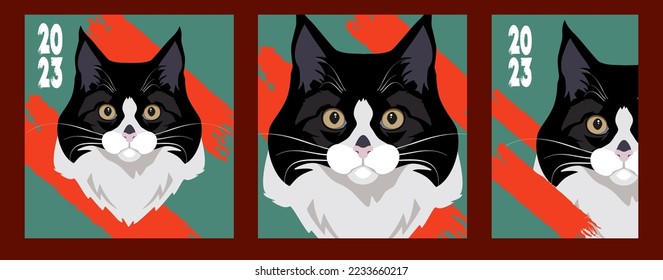 Vector graphics. Red-green. The image of the cat in different versions. The year of the cat. New Year. A holiday for the family.