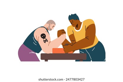 Vector graphics reflect the essence of arm wrestling, showing strong, muscular characters competing on a sturdy table, demonstrating incredible strength.