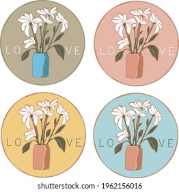 Vector graphics representation of flowers in a vase in different shades with an inscription