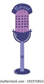 Gráficos vectoriales. Micrófono retro para transmisión de radio y podcast aislado de fondo blanco. Ilustración dibujada a mano plana. Colores Pastel en la ilustración de dibujo de técnica libre.