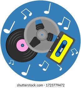 Vector graphics, retro set of audio storage media with notes. Flat design.