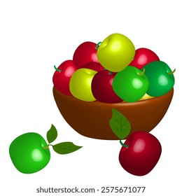 Vector graphics. Ripe apples lie in a clay bowl.