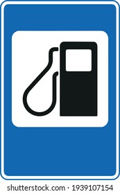 Gráficos vectoriales con una señal de carretera que indica una estación de gas. Se utiliza en los países de la CEI y de la ex Unión Soviética. Fabricado en tres colores: azul, blanco y negro.