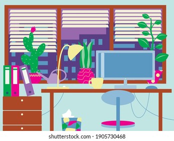 Vector graphics - a room with a window and flowers, and a computer on the table and work folders