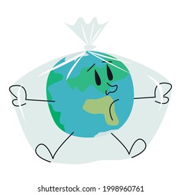 Gráficos vectores - un triste y aterrador globo encerrado en una bolsa transparente de plástico aislado en un fondo blanco de cerca. Desastre conceptual y contaminación ambiental